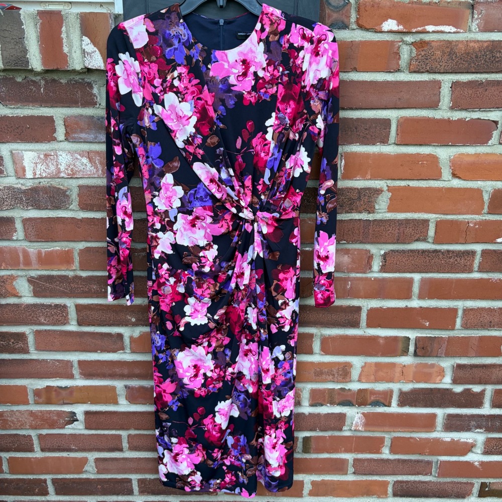 Maggy London Pink Purple Floral Twist Front Sheath Dress Long Sleeve Navy Size 4